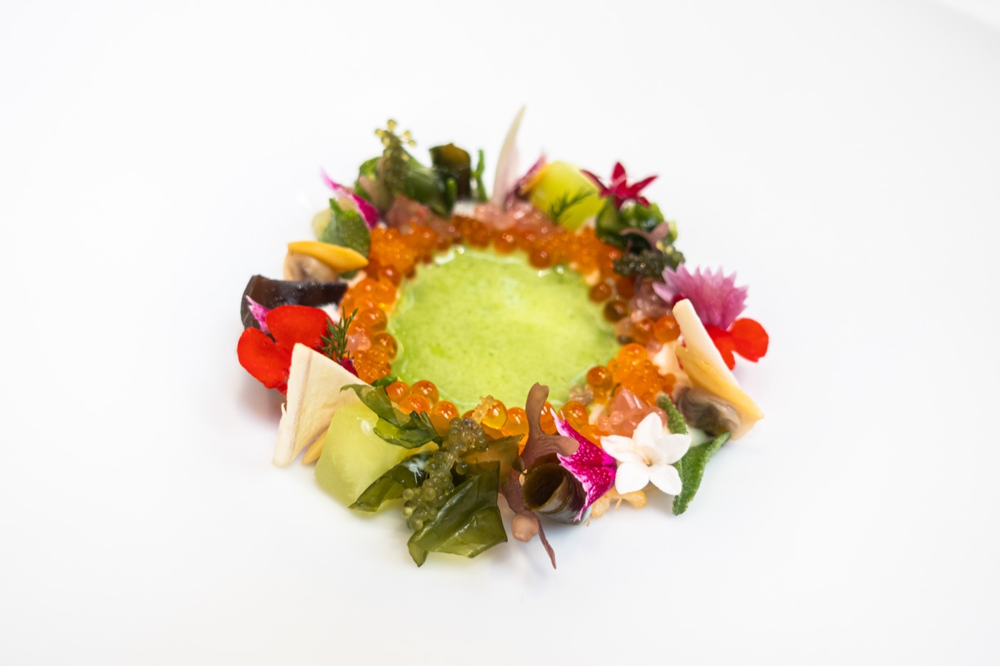 Galician brown Crab, Clams, Seaweed with Endive and Watercress sauce. La Ría de Galicia.