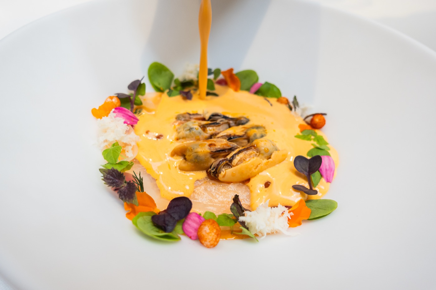Pickled mussels, white Prawn and La Vera paprika Gazpachuelo. Mediterranean / Cantabrian. The Gazpachuelo is poured at the table.