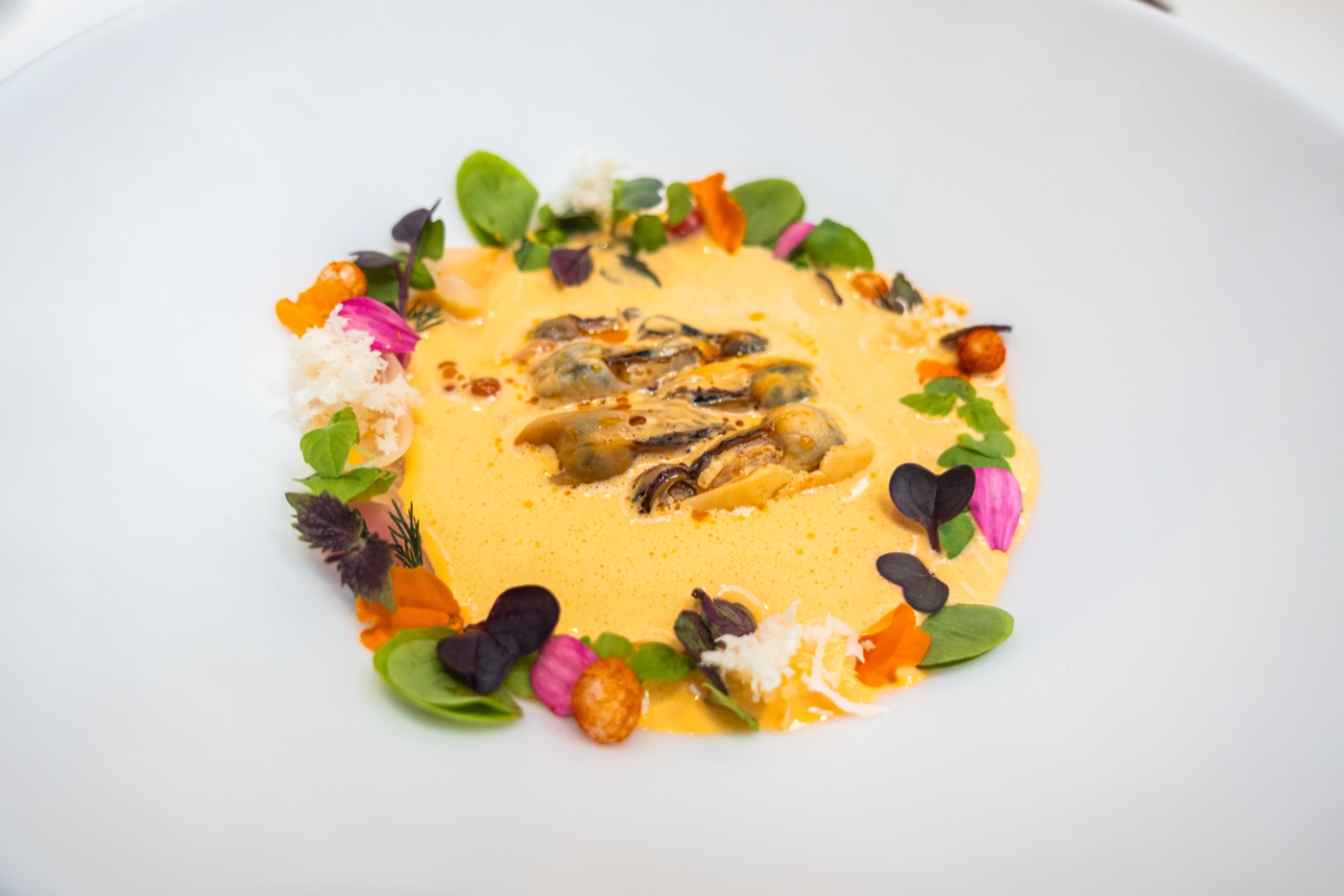 Pickled mussels, white Prawn and La Vera paprika Gazpachuelo. Mediterranean / Cantabrian.
