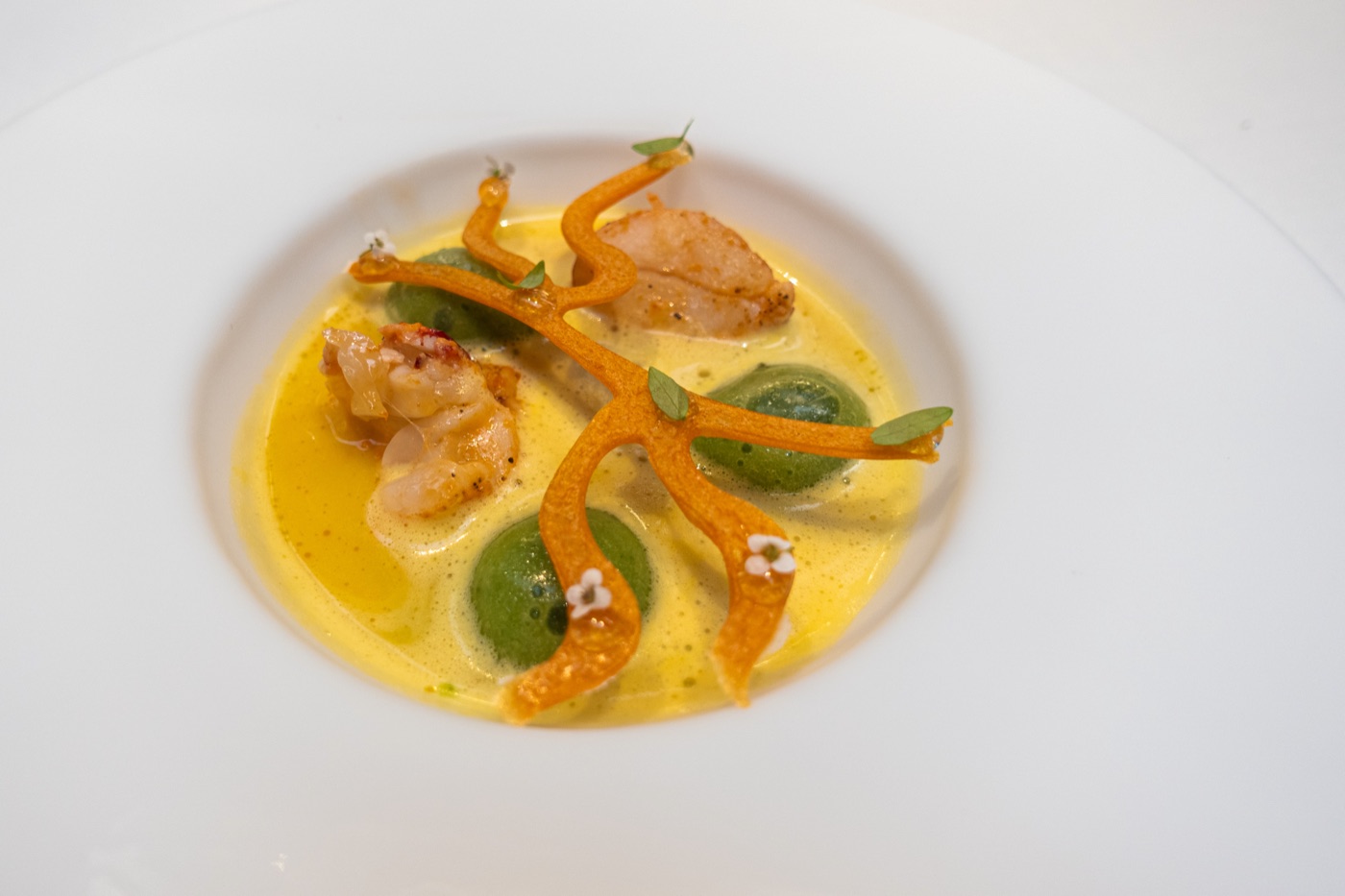 Creamy Potato and Parsley Gnocchi with Seafood, Bivalves and Zucchini flower emulsion. Ponza Island.