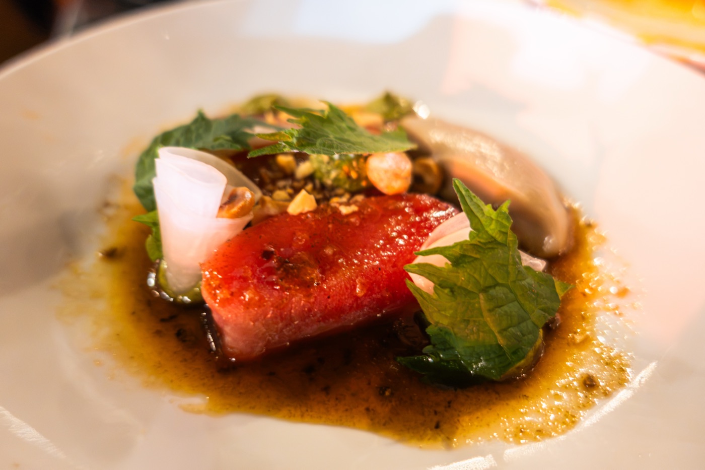 British bluefin tuna crudo. Jerusalem artichoke, truffle ponzu, nori mustard, hazelnut.
