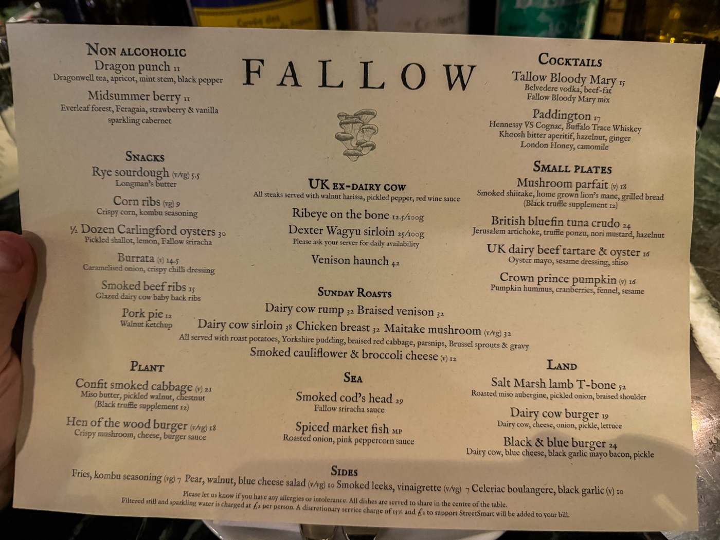 The menu. All dishes are served to share in the centre of the table.